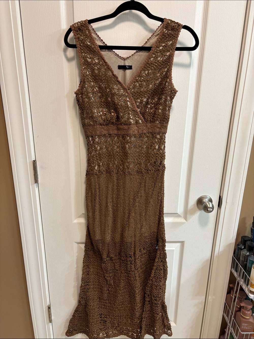 Ryu Brown Crochet Maxi Dress with V-Neck